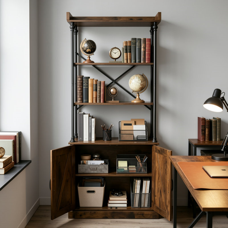 Bibliothèque de campagne 73 po à 4 niveaux avec rangement pour armoire, base en bois massif et structure à colonnes romaines