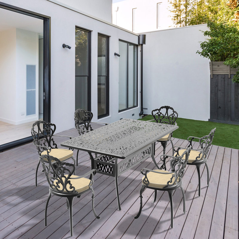 7-Piece Set Of Cast Aluminum Patio Furniture With Black Frame And Seat Cushions, 6