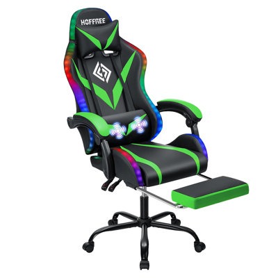 HOFFREE Gaming Chair With LED RGB Lights Massage Video Gamer Chairs With Footrest Ergonomic High Back Reclining Computer Chair With Adjustable Lumbar Support