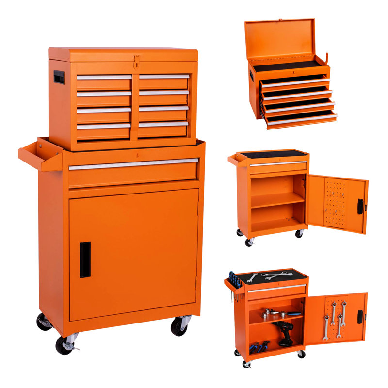 Coffre à outils 5 roulettes, acier orange, coffre supérieur amovible, plateau en plastique, roues universelles, atelier de mobilité facile