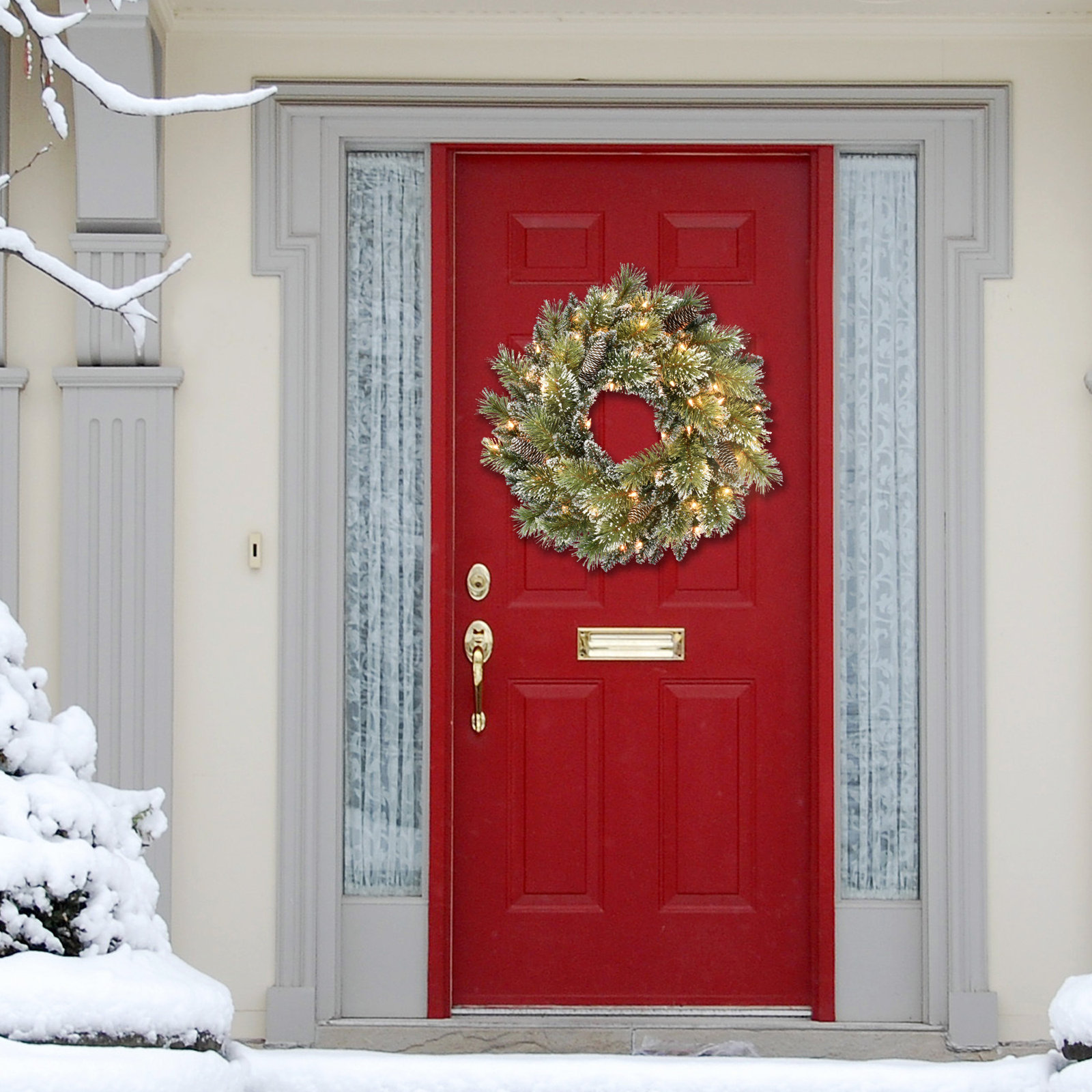 24'' Faux Pine Lighted Rattan Wreath