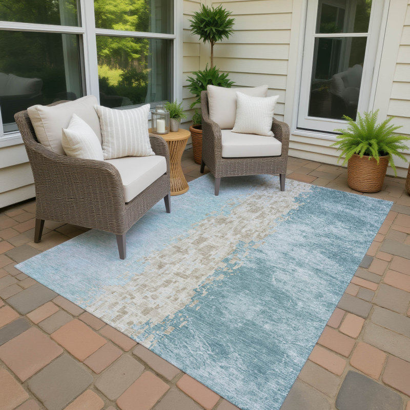 Tapis moderne Ceajay ACN3112 lavable à la machine pour intérieur et extérieur, Sarcelle, 8 pi x 10 pi