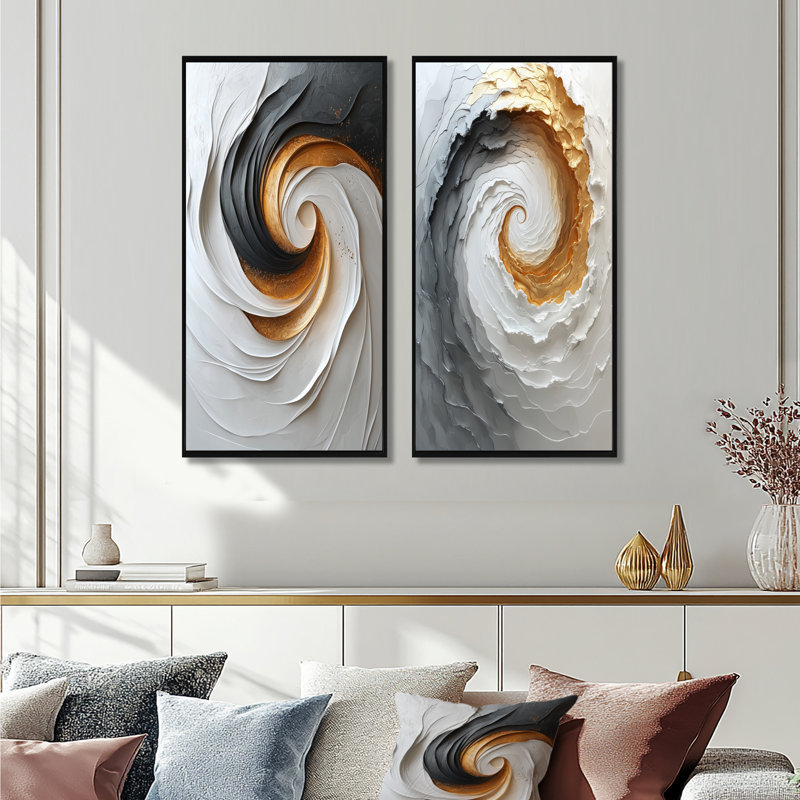 Tornade blanche et dorée abstraite I - ensemble de 2 pièces d'art abstrait en spirales, Cadre flottant noir