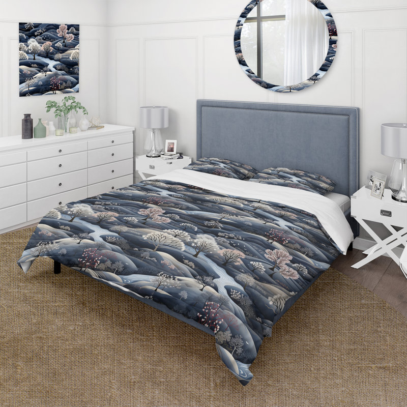 Dark Blue Scandinavian Pattern Duvet Cover, Queen Duvet Cover + 2 Standard Shams