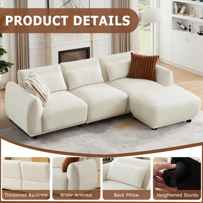 Pinsolid 101" L Shaped Modular Sectional Couch With Removable Ottoman, Beige White