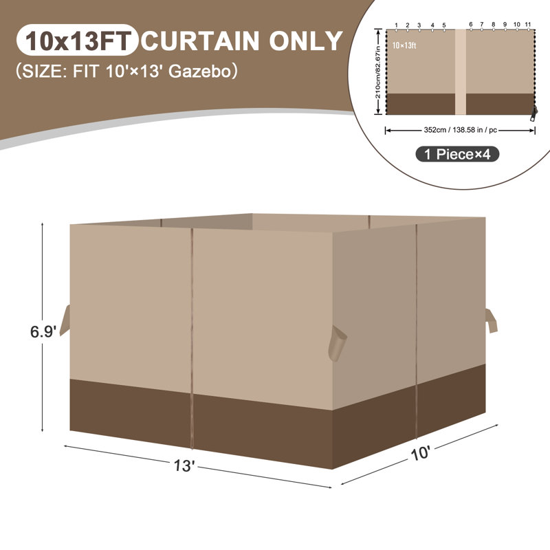 Aoodor Replacement 4-Panel Gazebo Sidewall Curtains, 82.7" H x 120" W x 156" D, Sand Yellow and Brown