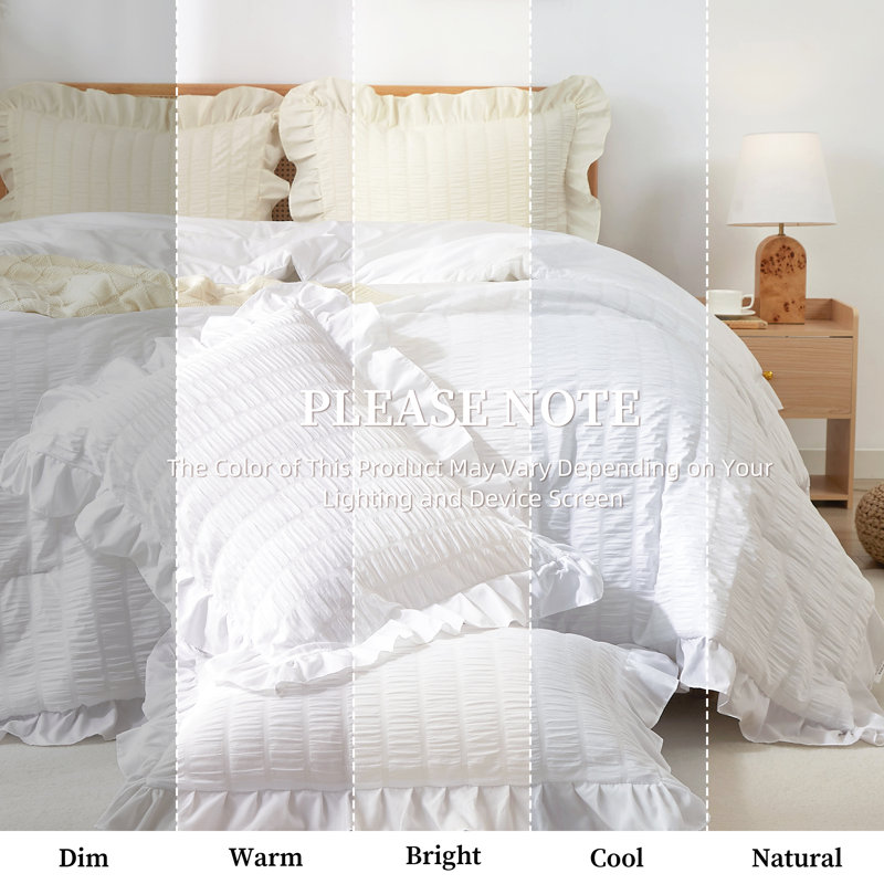 Ensemble de couette Suncomfy Ruffle Seersucker pour lit queen, style shabby chic, blanc, 3 pièces, ambiance romantique champêtre, ultra doux et léger, couette moelleuse toutes saisons