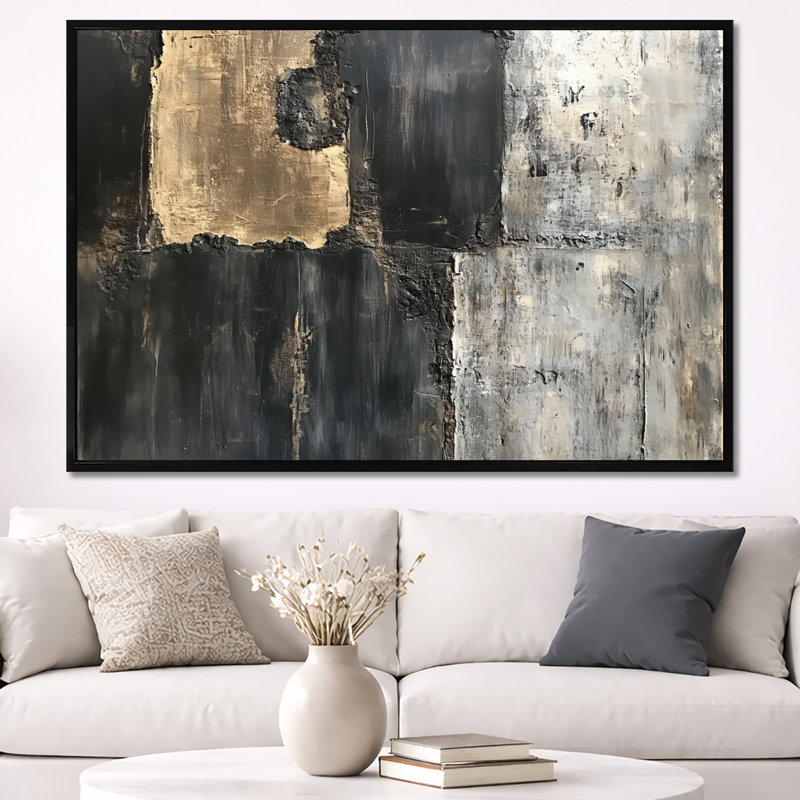 «Slab Collage», art mural abstrait gris et noir, Jeff, H 40 po x l 60 po, Cadre flottant noir