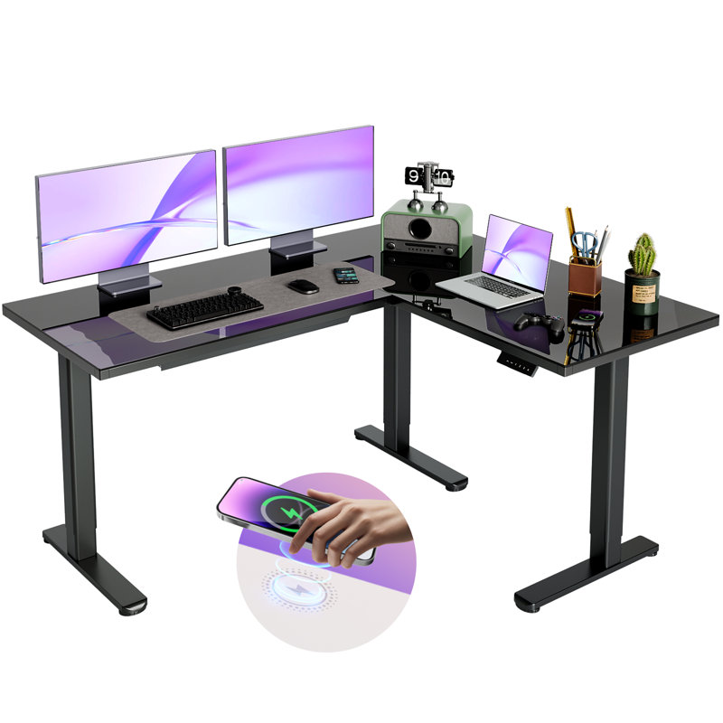 63" L-Shaped Adjustable Height Glass Standing Desk, Dual Motor Electric Corner Standing Desk With Drawers, Black