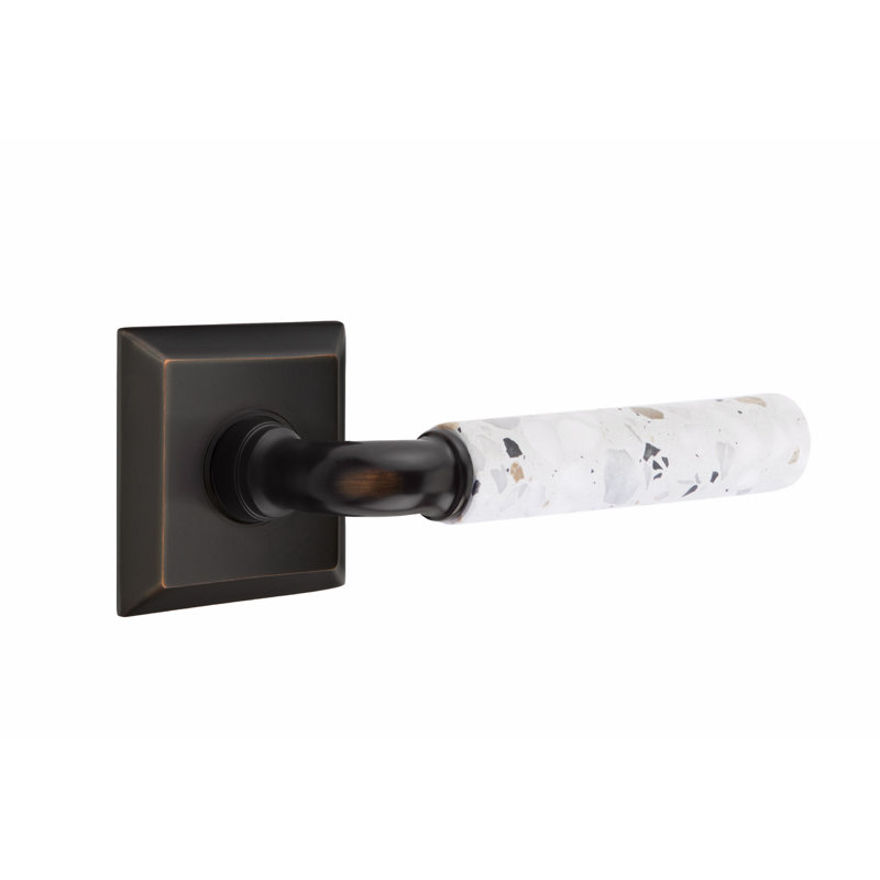 Ensemble de faux levier Emtek Select, rosette Quincy, tige R-Bar, poignée terrazzo légère, Bronze huilé / terrazzo clair