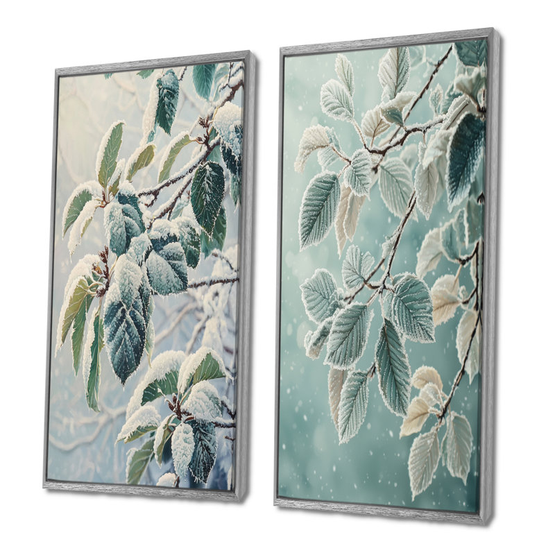 Snowy Leaves In The Forest I - Art mural floral 2 panneaux, H 28 po x l 25 po, Encadrement argenté