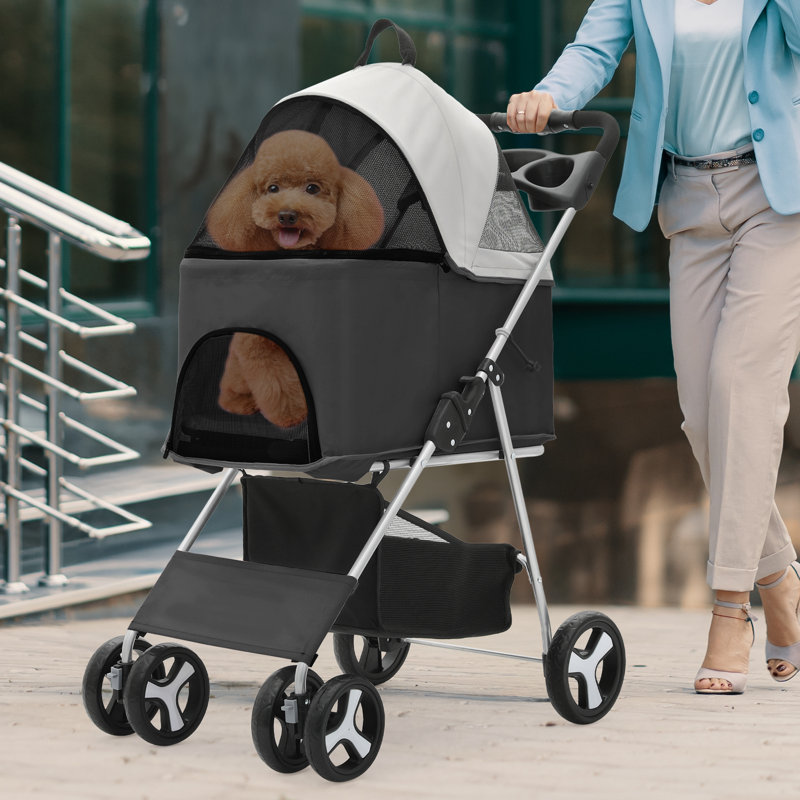 Black Foldable Pet Stroller with Detachable Storage Basket
