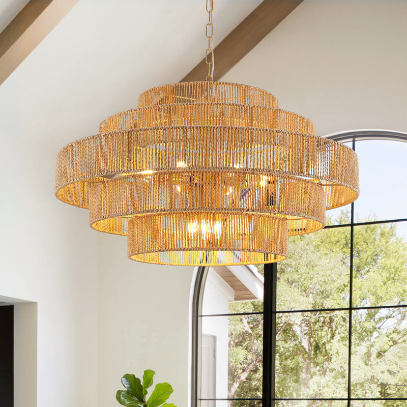 Lustre en rotin tissé à la main à 12 lumières à intensité variable