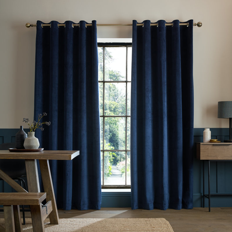 Super Thermal Blackout Matt Velour Eyelet Curtains, 90x90 Inch, Navy Blue