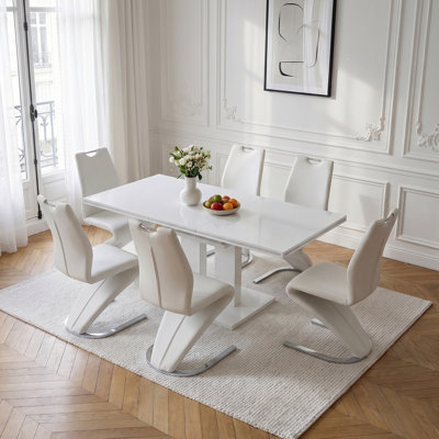Expandable Dining Table Set of 6, 140-180cm High Gloss White Kitchen Table with 6 Chairs, Modern Pedestal Table for Living Room