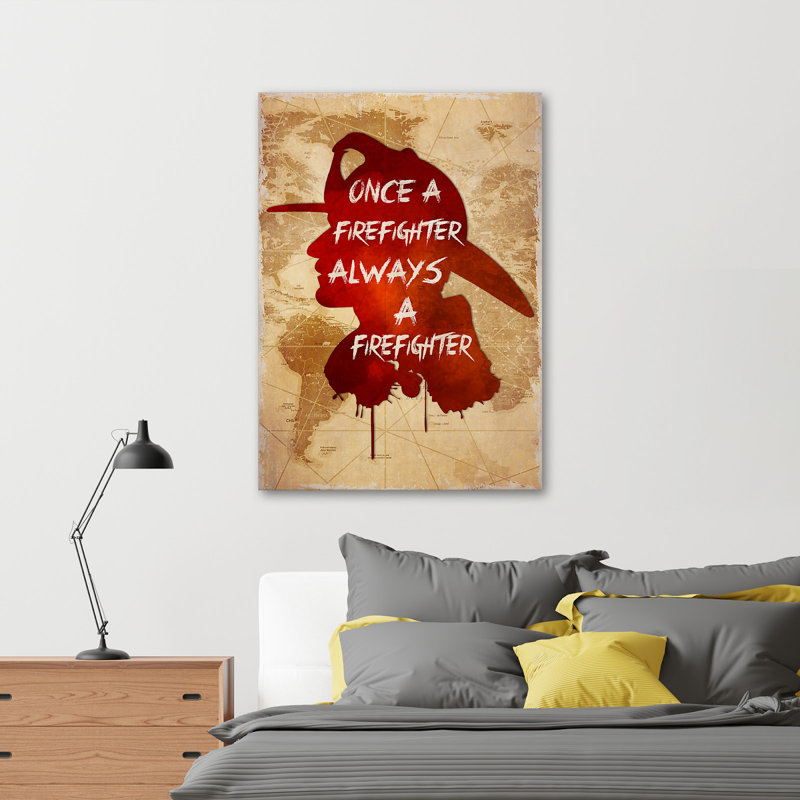 26_Once a pompier, toujours un pompier, toile tendue avec châssis - décor d'illustration pour personnes, beige et rouge