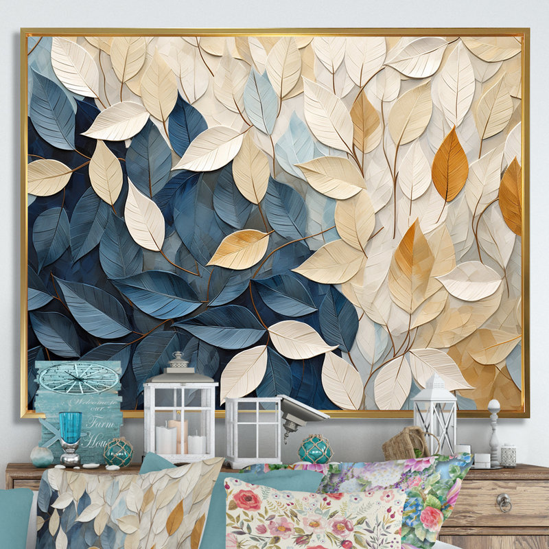 Collage de feuilles minimaliste beige et bleu - feuilles, décoration murale, H 30 po x l 40 po x P 1,5 po