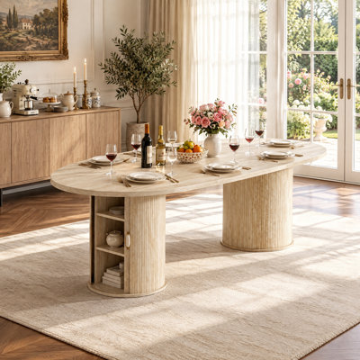 63"-94" Large Oval Extendable Dining Table for 6 8 10, Faux Travertine Kitchen Table with Fluted Storage Base
