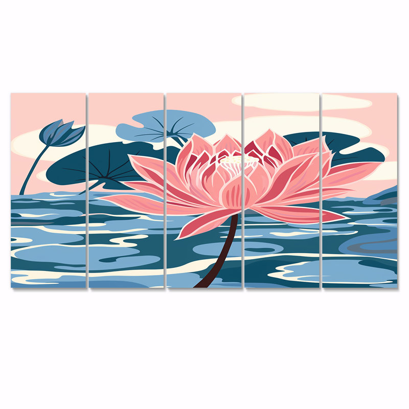 Fleur de lotus rose sur étang bleu - toile d'art lotus 5 pièces, H 28 po x l 60 po
