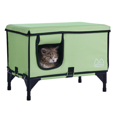 Elevated Heated Cat House Cuboid Kitty Shelter With Heated Pad Green (M)