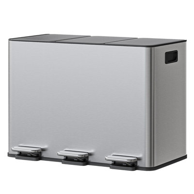 12-Gallon 3-Compartment Stainless Steel Kitchen Trash Can with Soft-Close Step Pedal, Removable Buckets, and Side Handles