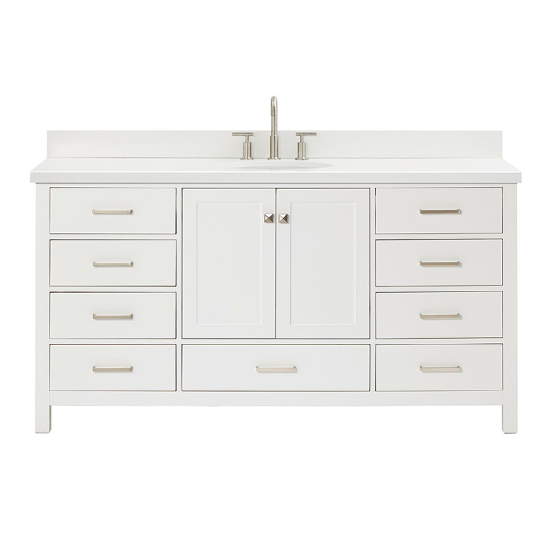 Meuble-lavabo sur pied simple 67 po avec comptoir en quartz Cambridge, Blanc