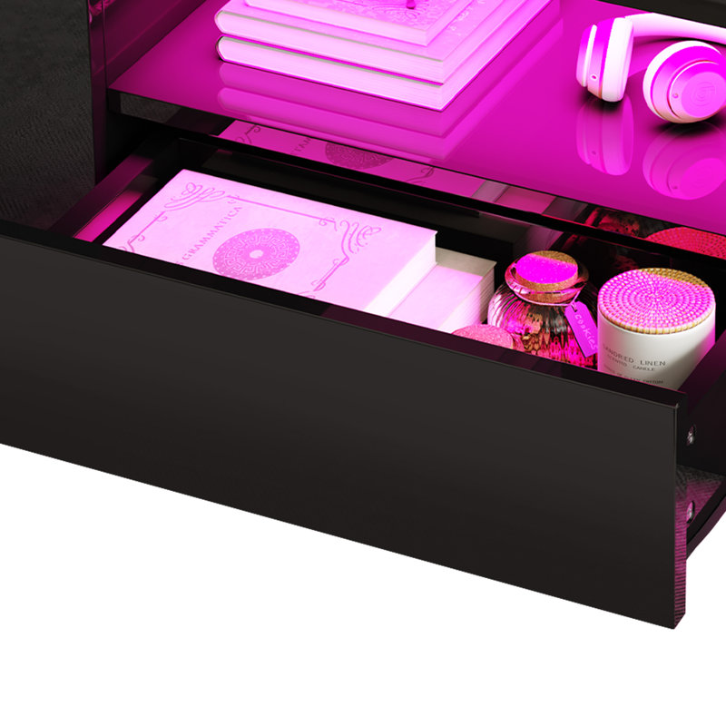 Table basse DEL à finition brillante avec 2 tiroirs et tablettes ouvertes, Noir