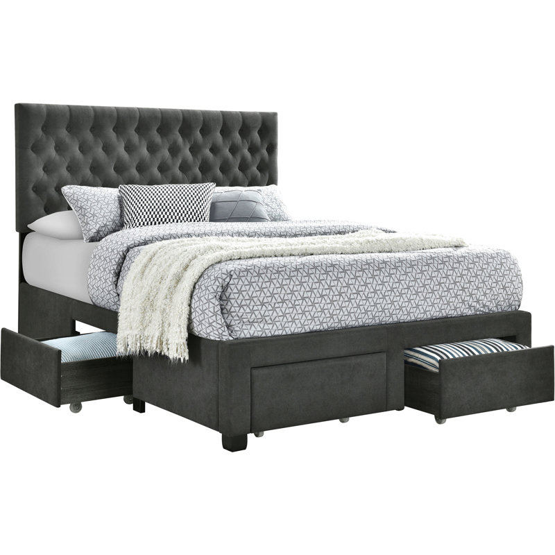 Lit double à panneau de rangement pleine grandeur gris anthracite ou tissu doux, tête de lit à boutons, quatre tiroirs spacieux pour le linge de lit Essentials
