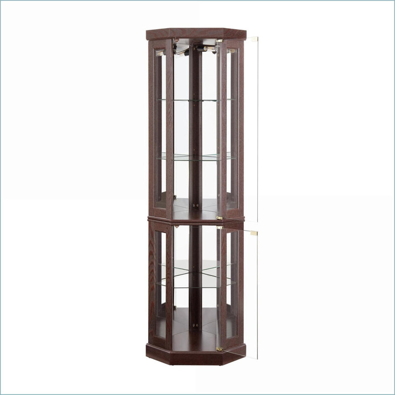 Cabinets Dark Cherry Corner Curio with Lights Adjustable Shelves 69.84"H x15.31"W x15.31"D | Traditional | Living Room