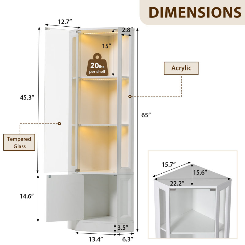 Vitrine de coin 65 "avec porte vitrée, lumières DEL et tablettes réglables, Blanc