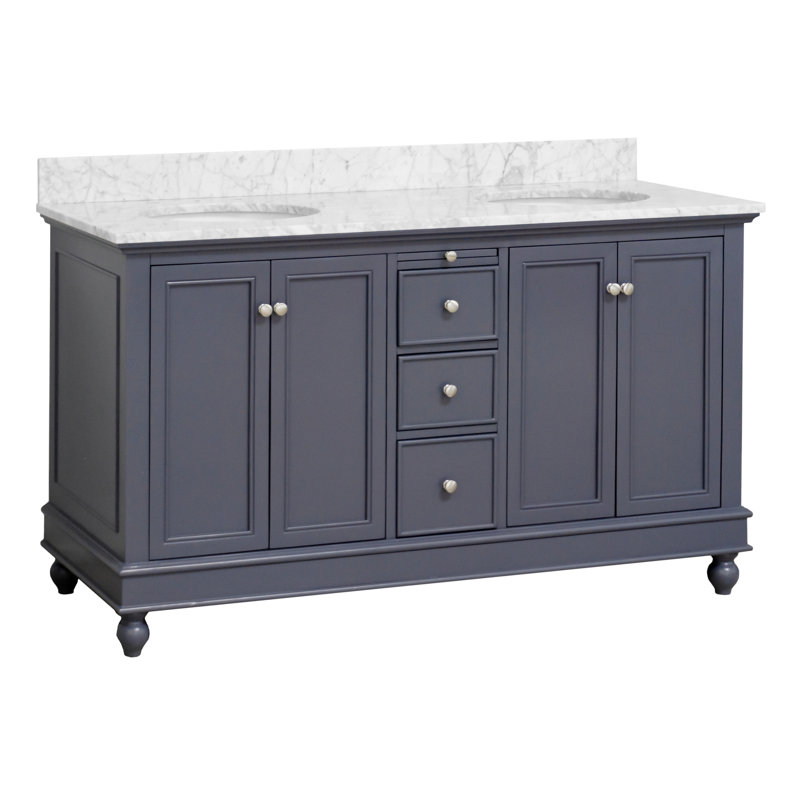 Ensemble de meuble-lavabo double 60 po Ferdinand, Marbre de Carrare, Gris marine