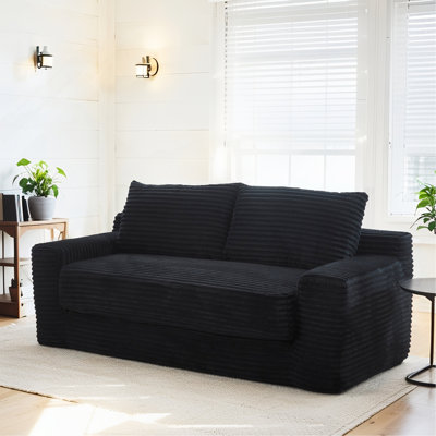 Loveseat Sofa with Memory Foam & Steel Frame - No Assembly,Convertible 2-in-1 Design,Corduroy Fabric - Compact Couch for Small Spaces,Apartments,Home Office & Bedroom (Black)