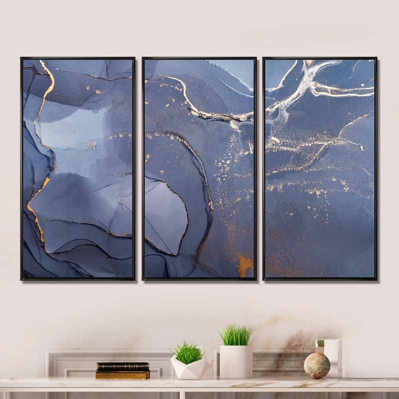 Encre liquide grise et bleue, art moderne, ensemble de 3 toiles encadrées modernes, Cadre noir, H 28 po x l 36 po