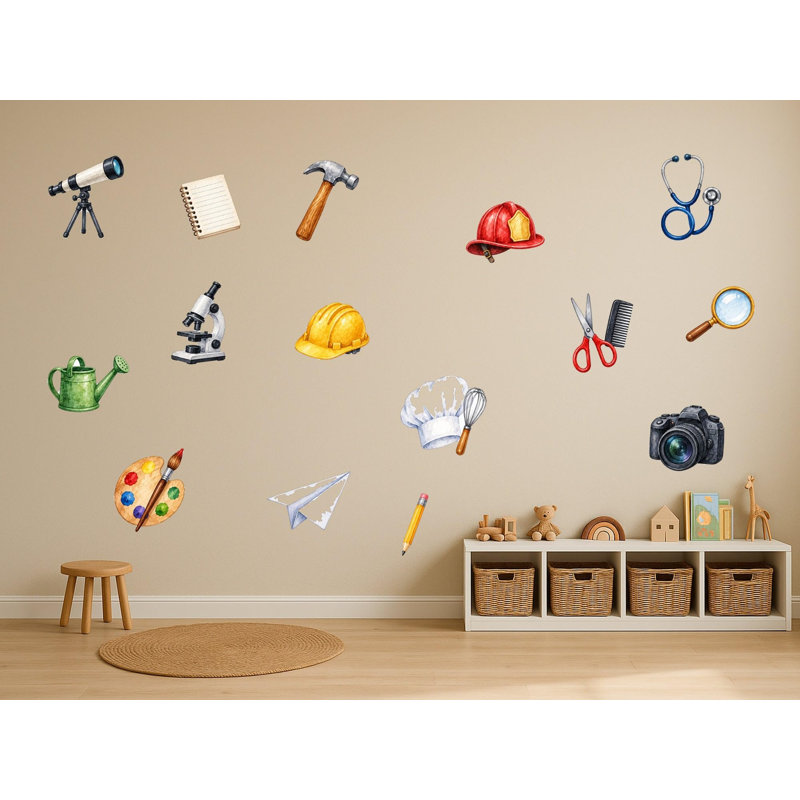 When I Grow Up Career Tools Wall Decals, Set of 15 Peel and Stick Nursery Wall Stickers, Stethoscope Camera Hard Hat Palette, Satin Finish Removable Kids Room Wall Art, 20"W x 20"H (50 x 50 cm