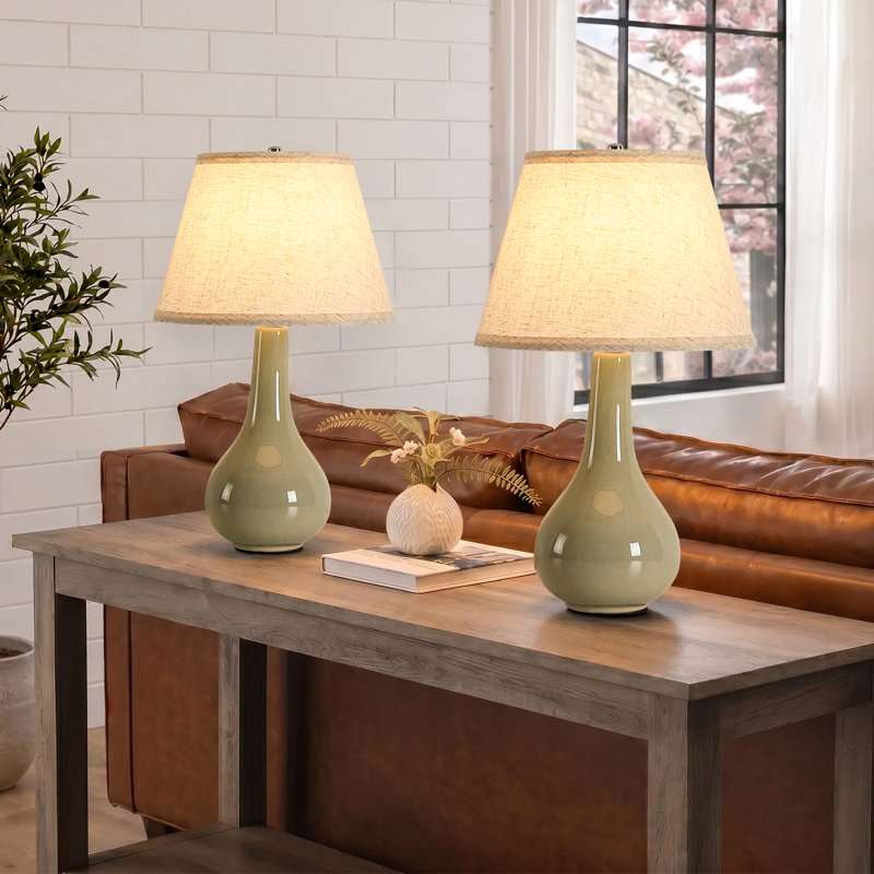 18 po Lampe de table moderne en céramique avec abat-jour en lin pour le salon de la chambre à coucher, Green