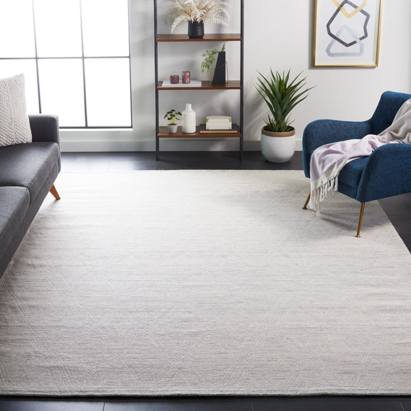 Tapis argenté / ivoire en laine tissé à la main à motif géométrique Amritpal, Rectangle 9 pi x 12 pi