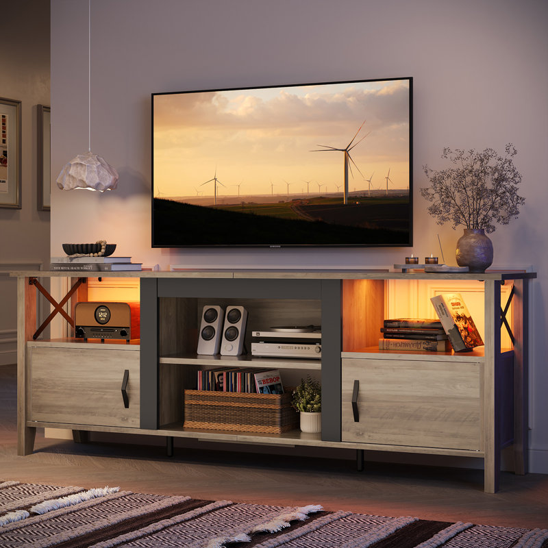 Wash Gray Farmhouse TV Stand with LED Lights and Storage Cabinet