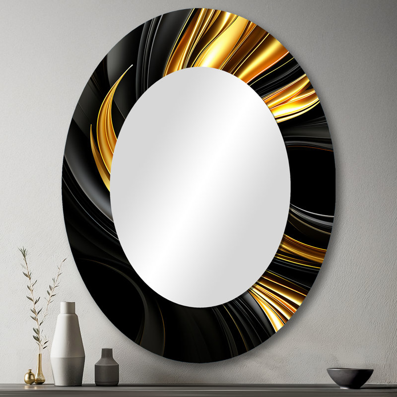 Abstract Liquid Gold And Black Swirl - Gold Oval Wall Mirror Decor, 43" x 33"