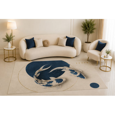 Tapis bleu koi à motif de poissons koi de 5 pi x 7 pi «Ultra Léger» à motif d'aquarelle zen japonais pour la décoration du bureau de la chambre à coucher, envers en silicone antidérapant