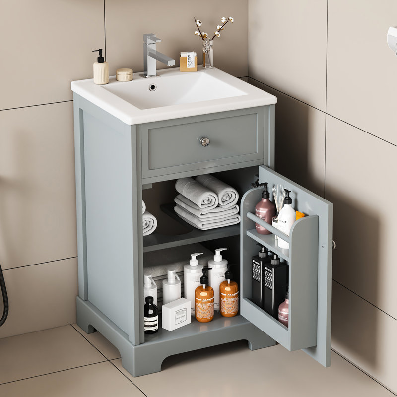 Modern 20 - Inch Bathroom Vanity With White Ceramic Basin And Ample Storage Space Single Hole Faucet Mount Adjustable Shelf