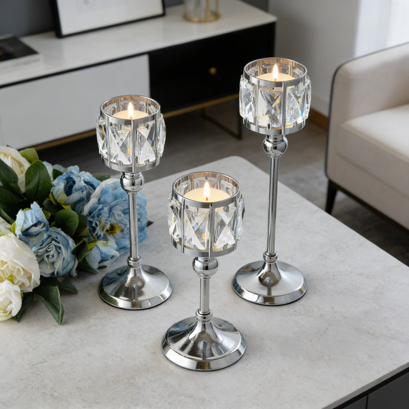 Set Of 3 Crystal Tealight Candle Holders, Metal And K9 Crystal Centerpiece Decor For Wedding, Dining Table, Party, And Home