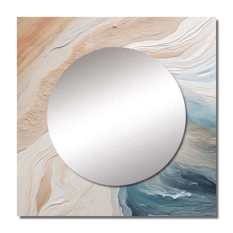 Ceion - Modern Blue And Beige Sand Aerial View Coastal Beach Sand Large Square Mirror For Wall Art Decor, 23" x 23"