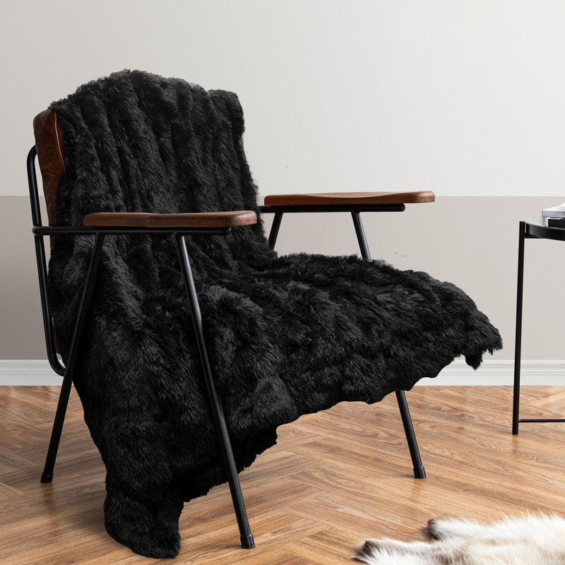 Black Reversible Shaggy Faux Fur and Fleece Throw Blanket