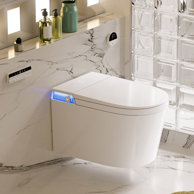 Toilette intelligente suspendue au mur Elegnet, toilette intelligente allongée, siège de bidet intégré, chasse d'eau automatique, couvercle à ouverture / fermeture automatique, siège chauffant, eau chaude / sécheuse, blanc