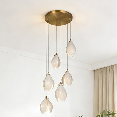 Lustre à intensité variable 6 lumières avec abat-jour en céramique magnolia