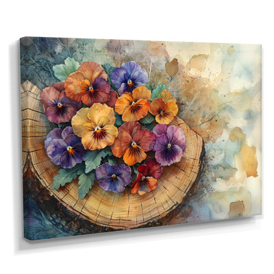 Graminées d'été, fleurs sur un plateau en bois Slide IV - Pansies, art mural sur toile