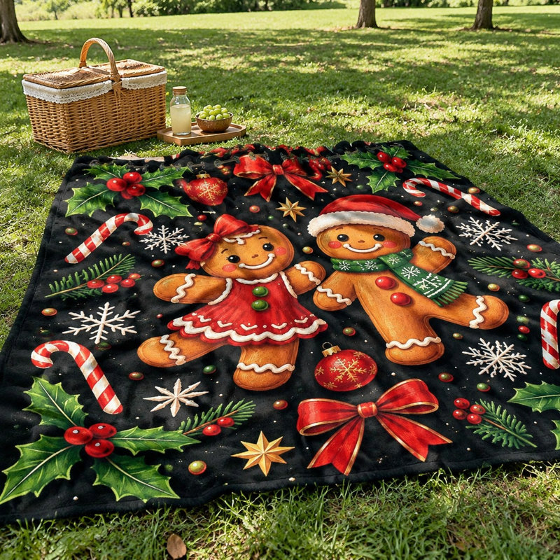 Cozy Gingerbread Christmas Fleece Throw Blanket, Festive Holiday Plush Bed Blanket for Sofa Couch Bedroom Living Room Home Decoration