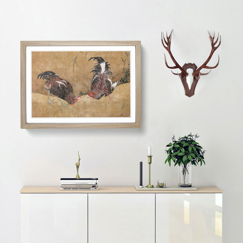 Gamecocks by Katsushika Hokusai - Framed Print, Oak Framed, 36cm H x 48cm W x 2cm D