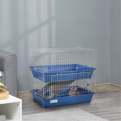 Cage à cochon d'Inde à 2 niveaux Pawhut, cage pour furet, cage Chinchilla, cage pour petits animaux d'intérieur avec plat et bouteille, 2 portes, fonds profonds, rampe, 28 po, bleu