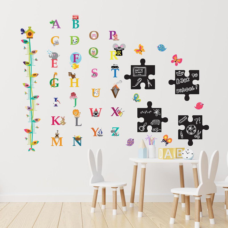 Chalkboard Puzzle With Colourful Alphabet And Height Chart Wall Sticker